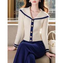 Elegant Sailor Collar Long Sleeve Cardigan Sweater Autumn Fashion Korean Knitted Top 2025 Fall Casual Winter Knitwear Clothes One Size