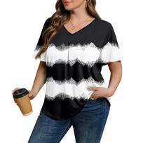 Women's Plus Size Fashionable Casual Loose-Fit Short Sleeve Elegant V Neck Blouse For Work L juoda