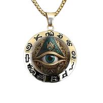 Ancient Egyptian Talisman: Eye Pattern Glass & Hieroglyphic Zinc Alloy Pendant, Artifact-Style Statement Necklace.