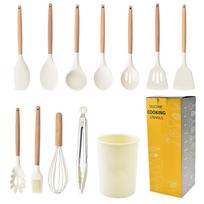 12 Piece Silicone Kitchen Utensil Set with Wooden Handles Includes Spatulas Ladles Whisk Tongs and Storage Holder Suitable for Nonstick Cookware smėlis