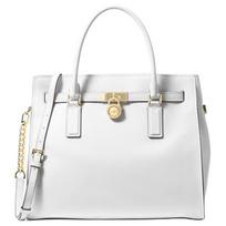 MICHAEL KORS Hamilton Moderne Metal Logo Charm Shoulder Strap Adjustable and Removable Leather Crossbody Handbag Large Women's White auksas