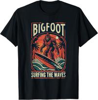 Bigfoot Surfing The Waves Shirt Retro Distressed Surfer T-Shirt S įvairiaspalvis