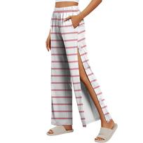 Women Striped Side Velcro Closure Easy Open Post Surgery Recovery Care Pants Elastic Waistband Medical Rehabilitation Trousers M