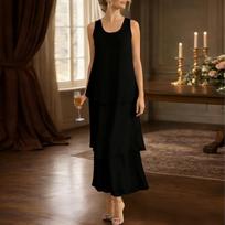 Sleeveless Layered Maxi Dress for Women Scoop Neck Loose Fit Tiered Chiffon Long Dress Elegant Flowy Summer Outfit L juoda
