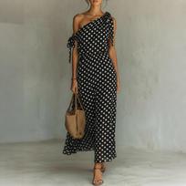 Women One Shoulder Sleeveless Casual Loose Fit Polka Dot Print Maxi Dress with Tie Detail and Elastic Waist for Summer XL juoda