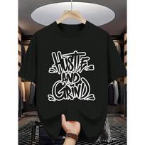 European Size Men'S Casual Crew Neck T-Shirt with  Hustle and Grind  Graphic Print, Lightweight Cotton, Summer Streetwear for Adults S įvairiaspalvis