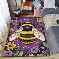 Colorful Bumblebee and Floral Pattern Carpet, Purple Background Rug Suitable for use as an anti-slip for living room bedroom sofas 40x60cm( 15x23in )