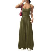 Women's Summer Jumpsuit Sleeveless Spaghetti Strap One Piece Outfits Casual Wide Leg Long Pants Rompers XS armijos žalia spalva