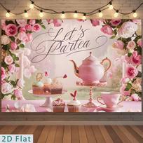 2D Let's Partea Backdrop, Pink Teapot Floral Afternoon Tea Party Banner Decor 47.2x31.5inch/120*80cm