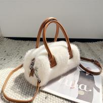 Lazy Style Plush Women Cylindrical Bags, Autumn Winter Soft Zipper Mini ShoulderBag, Fashi Casual Cute Crossbody Bag Wallet balta