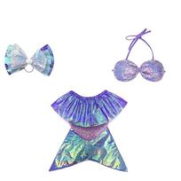 Kids Mermaid Costume Set Includes Shiny Tail Skirt Off Shoulder Top and Shell Style Halter Bikini Top with Hair Bow Accessory for Dress Up