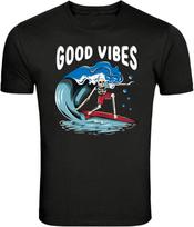 Good Vibes Skeleton Surfing Wave Graphic T-Shirt S įvairiaspalvis