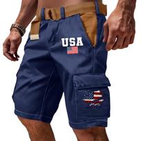 Men's Casual Multi Pocket Cargo Shorts with Lettering and Flag Print Design Functional Outdoor Workwear Shorts without Belt L tamsiai mėlyna