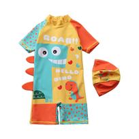 Boys Short Sleeve Hooded One-Piece Swimsuit Cartoon Dinosaur Print Beach Swimwear Summer Kids Swim Shirt with Matching Swim Cap S