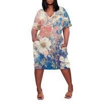 Women Plus Size V Neck Short Sleeve Knee Length Dress with Pockets Casual Vintage Floral Print Loose Fit Summer Dress XXXXL