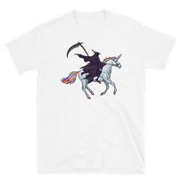 Grim Reaper Riding Unicorn Angel of Death Fantasy Short-Sleeve Unisex T-Shirt S įvairiaspalvis
