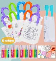 10 Pack Reusable Canvas Tote Bags with 2 Sets of 5pcs 2ml Watercolor Marker Pen Kits for Customizable Drawing and Coloring Activity One Size balta