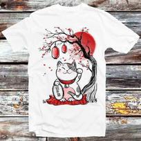 Maneki Neko Sakura Bonsai Tree Drawing Art T Shirt Mens Womens Tees Top B1254 S