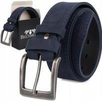 Pasek Męski Skórzany Zamszowy Szeroki 4Cm Klasyk Granat Premium Beltimore