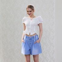 Egoist Tuck Flare Embroidery Denim Shorts Blue Es2odq02 LG/44