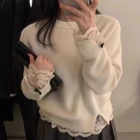 New Winter Autumn Women Long Sleeve Sweet Sweater O-neck Warm Fashion Elegant Loose Lace Knitted Top White Casual Pullover Knitwear one size
