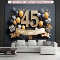 2D Happy 45th Birthday Backdrop, Black Gold Balloon Photo Background 47.2x31.5inch/120*80cm