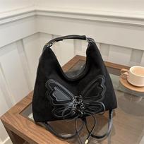 Faux Suede Tote Bag, Bow Tie Backpack, Chic Retro Single Handbag Women Shoulder Messenger Bag, Matte PU Leather Cross Body Bags juoda