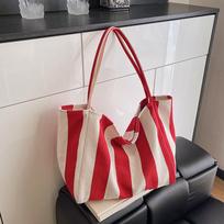 Summer Stripe Canvas Tote Bag Female Casual Large Capcity Simple Shoulder Bags Shopping Handbag Daily Totes Bag raudona