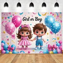 2D Flat Gender Reveal Backdrop with Pink/Blue Polka Dot Balloons and Cartoon Characters 47.2x31.5inch/120*80cm