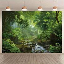 2D Tropical Rainforest Backdrop with Bamboo Trees and Flowing Stream Photography Background 47.2x31.5inch/120*80cm