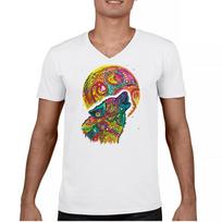 Howling Wolf and Moon V-Neck T-shirt Dean Russo Colorful Wild Life Tee S įvairiaspalvis