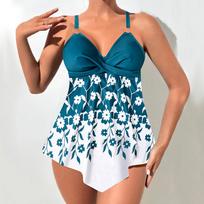 Moteriški maudymosi kostiumėliai Tankini 2 dalių maudymosi kostiumėlis su žaliais lapais ir baltomis gėlėmis atostogų maudymosi kostiumėliai S balta