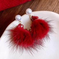 Red hairball pony pearl earrings stud earrings accessories earrings design sense niche