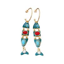 1 Pair Vintage Fish Tassels Enamel Long Hoop Earring for Women Gold Plated Alloy Lightweight Comfort for Casual and Party Wear mėlyna