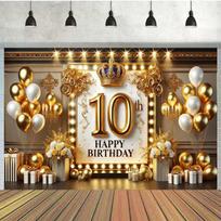 2D Black Gold 10th Birthday Backdrop with Crown Lights and Balloons Photo Booth Banner 47.2x31.5inch/120*80cm