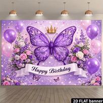 2D Purple Glitter Butterfly Birthday Backdrop Pink Balloon Floral Happy Birthday Party Photo Booth Background Banner 47.2x31.5inch/120*80cm