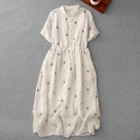Women's Linen Blend Dandelion Embroidered Shirt Dress with Drawstring Waist M