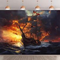2D Dark Stormy Sea Pirate Ship Backdrop, Vintage Sailboat Wall Tapestry 47.2x31.5inch/120*80cm