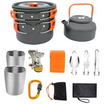 Outdoor Camping Cookware Set Portable Lightweight Cook Pot Kettle Stove Utensils Compact Storage Bag for Hiking Backpacking oranžinė