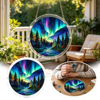 Round Stained Glass Window Hanging Puzzle Suncatcher Home Decoration for Garden Kitchen Sunroom with Forest and Northern Lights Design One Size