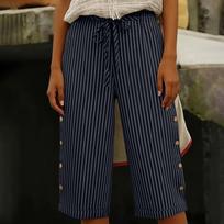 Women Drawstring Waist Striped Wide Leg Cropped Pants with Side Button Casual Loose Fit Trousers for Summer Spring M tamsiai mėlyna