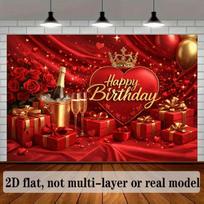 2D Romantic Red Gold Happy Birthday Backdrop for Birthday Photoshoot 47.2x31.5inch/120*80cm