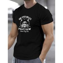 European Sizes Men's Pirate-Themed T-Shirt - Navy Blue with White Pirate Crew, Breathable Soft Polyester, Casual Round Neck Short Sleeve Shirt S įvairiaspalvis