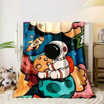 A cartoon astronaut hugging a planet with a rocket and stars nearby. for all seasons blanket lunch break throw gift 80cm x 120cm