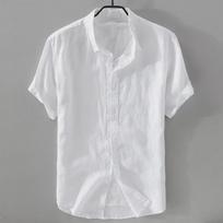 Men's White Cotton-Linen Short-Sleeve Shirt - Casual Summer Top L