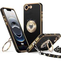 Protective Case - BOOLING - for iPhone 16e - Flexible - Black - Heart Pattern with Lanyard juoda