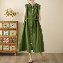 sleeveless Plus size Cotton vintage new in dresses for women casual loose long summer Shirt dress M žalia