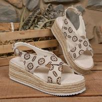 Madingi espadrilės platforminiai sandalai su kryžminiais dirželiais moterims Bohemiškas gėlių raštas Pleišto tipo sandalai Moteriški vasariniai storapadžiai Atsitiktiniai paplūdimio batai 36 smėlis