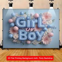 2D Flat Blue Floral Gender Reveal Banner Girl or Boy Baby Party Background Cloth 47.2x31.5inch/120*80cm