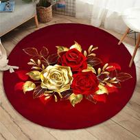 Gold Rose Round Carpet Romantic Flowers Area Rug for Living Room Bedroom Non-Slip Floor Mat Comfy Floral Carpets Indoor Doormat 60x60cm